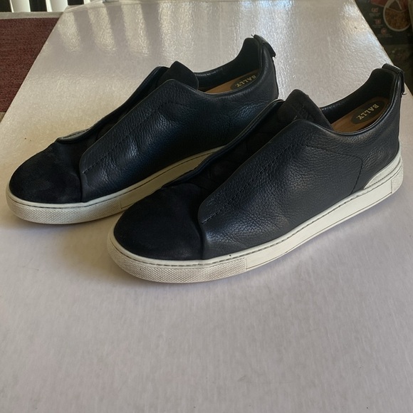 ZEGNA Triple Stitch Dark Navy Pebbled Leather/ Black Suede Slip On Sneakers 12US - Picture 2 of 10